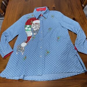 Jack G. Quick Holiday Blue White‎ Polka Dot Sequin Embroidered Button Up Shirt S
